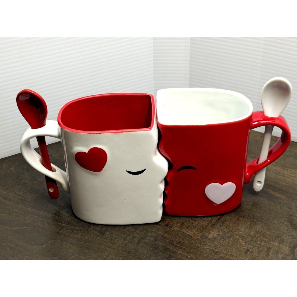 Blu Devil Kissing Mugs Set With Spoons 13 Oz Red & White Ceramic Anniversary Wed